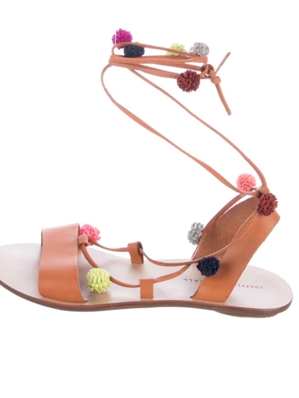 LOEFFLER RANDALL Saskia Pom Pom Gladiator Sandals Shoes Tan Leather Size 8.5